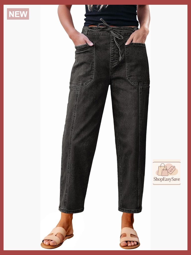 High Waisted Barrel Jeans Baggy Pull On Drawstring Elastic Waist Stretchy Denim